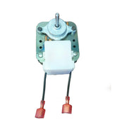 Electric motor with metal housing, rotating shaft, white insulation block, and two red wire terminals.