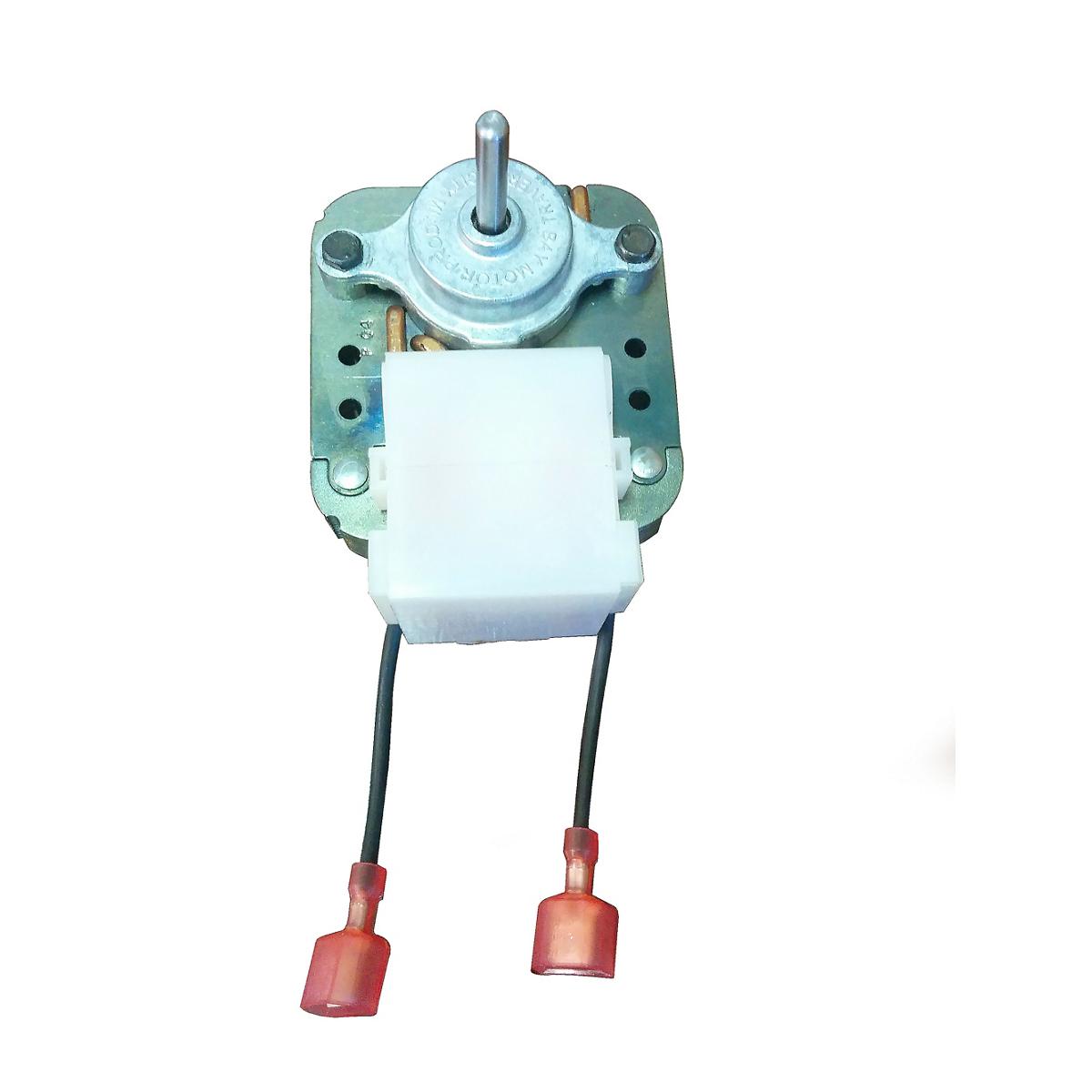 Electric motor with metal housing, rotating shaft, white insulation block, and two red wire terminals.