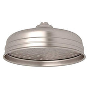 Satin nickel rain showerhead with 8-inch diameter dome shape and perforated spray face.