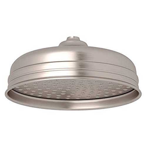 Satin nickel rain showerhead with 8-inch diameter dome shape and perforated spray face.