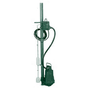 Green submersible sump pump with vertical discharge pipe, attached cord, and float switch mechanism.