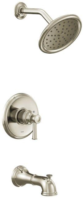 Polished nickel tub and shower trim kit with overhead showerhead, wall-mounted valve, and tub spout.