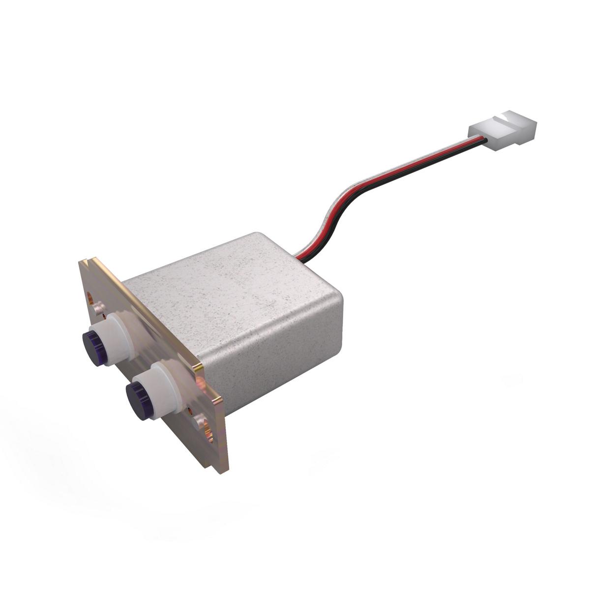Elkay sensor assembly with gray metal housing, dual white connectors, and red and black wired connector cable.