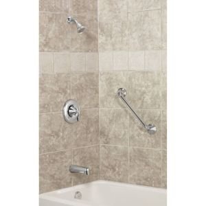 Oil rubbed bronze stainless steel grab bar mounted horizontally on beige tile bathroom wall above bathtub.