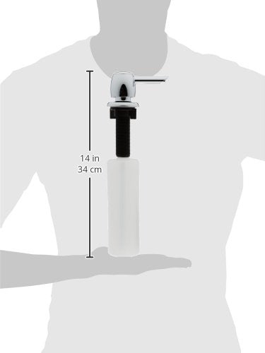 Chrome soap and lotion dispenser with black pump, 14 inches tall, shown for scale against torso.