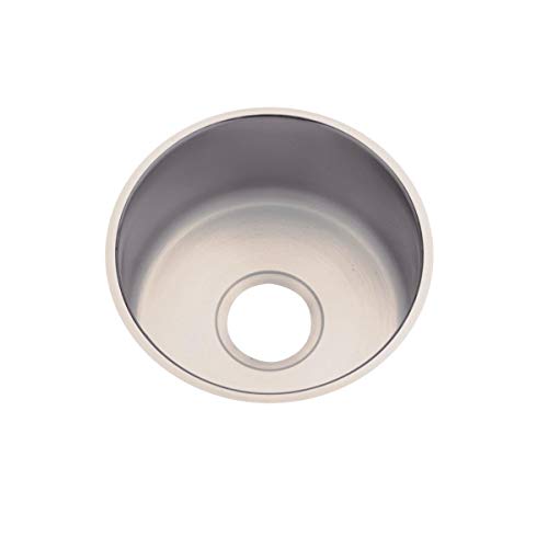 Stainless steel single bowl undermount sink with rounded basin and drain hole, viewed from above.