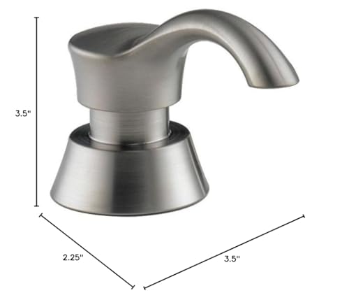 Stainless steel soap and lotion dispenser with curved spout and wide base, 3.5 inches tall.