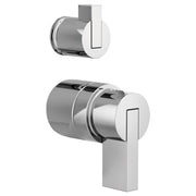Chrome and white pressure balance valve trim with rectangular lever handle and diverter in two mounting configurations.