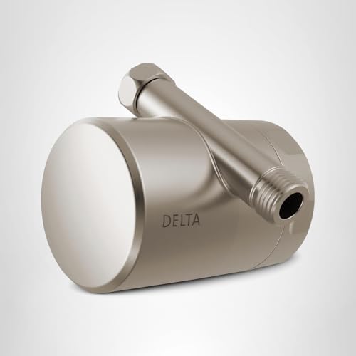 Stainless steel shower filter attachment with cylindrical body, inlet connection port, and outlet arm labeled "DELTA."