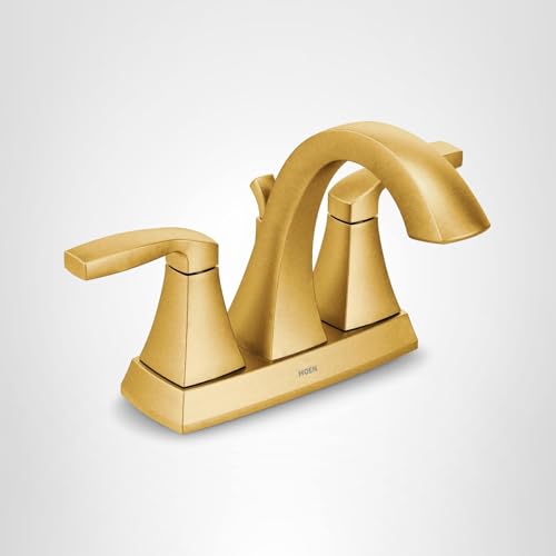 Brushed gold two-handle bathroom faucet with high arc spout and rectangular handles on square base.