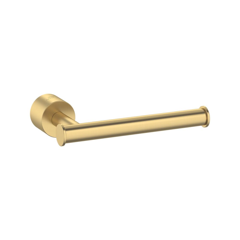 Brushed gold toilet paper holder with cylindrical bar and round mounting plate, no cover.