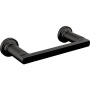 Matte black tissue holder with cylindrical wall-mounted posts connected by a horizontal bar.