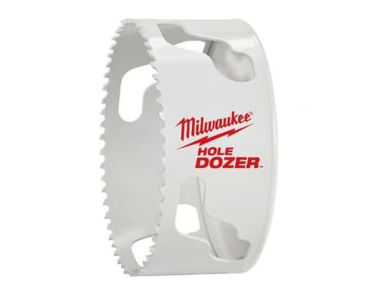 Milwaukee HOLE DOZER bi-metal hole saw with serrated cutting edge and mounting holes on white body.