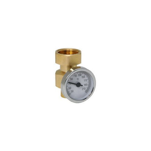 Brass temperature probe assembly with dial thermometer gauge showing temperature scale from 30 to 210 degrees.