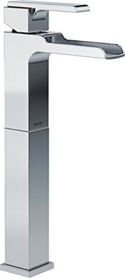 Chrome and black single-handle vessel faucet with tall rectangular spout and lever control.