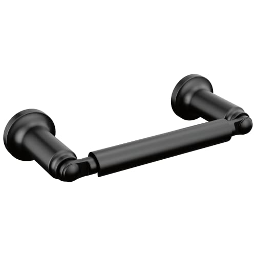 Matte black metal tissue holder with cylindrical arms and circular wall mounts on each end.