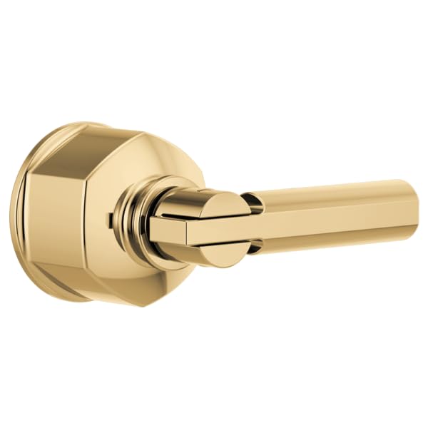 Polished brass lever handle with cylindrical trim ring and mounting plate for pressure balance valve.