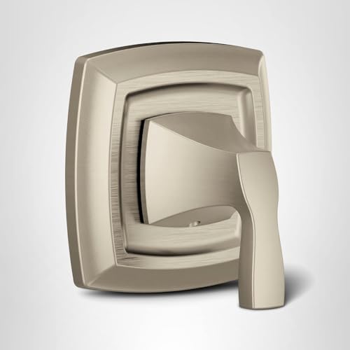 Brushed nickel single-handle shower valve trim with curved square escutcheon plate and lever handle.