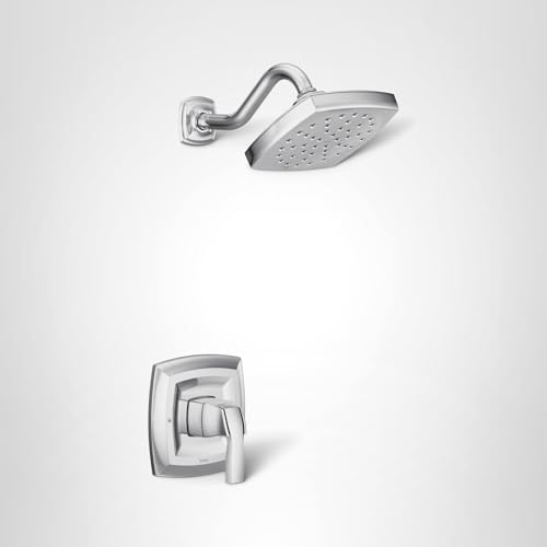 Chrome shower trim kit with single lever handle and square rainfall showerhead with curved arm.