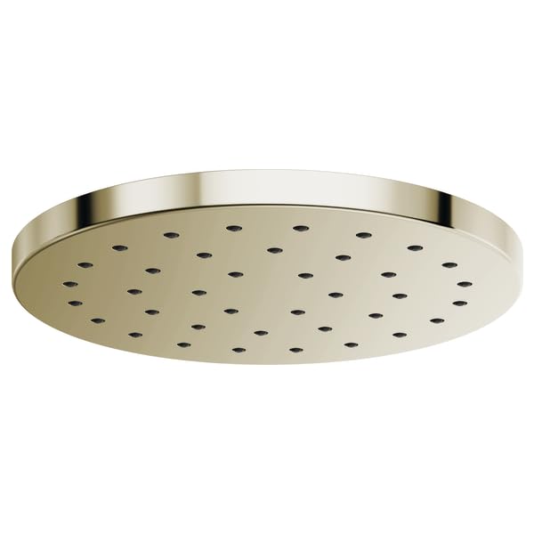Round brushed nickel raincan shower head with multiple spray jets evenly distributed across surface.