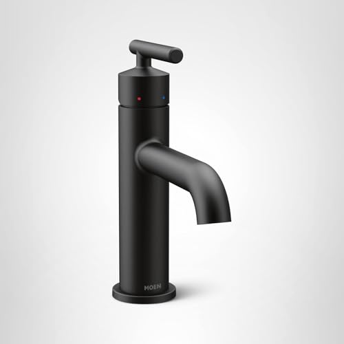 Matte black single-handle bathroom faucet with curved spout and lever handle for one-hole sink installation.