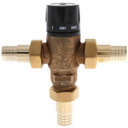 Caleffi MixCal 3-way mixing valve with brass body, black temperature dial, and PEX crimp connections on both ends.