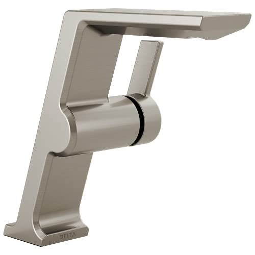 Brushed nickel single-handle vessel faucet with curved spout and geometric base design.