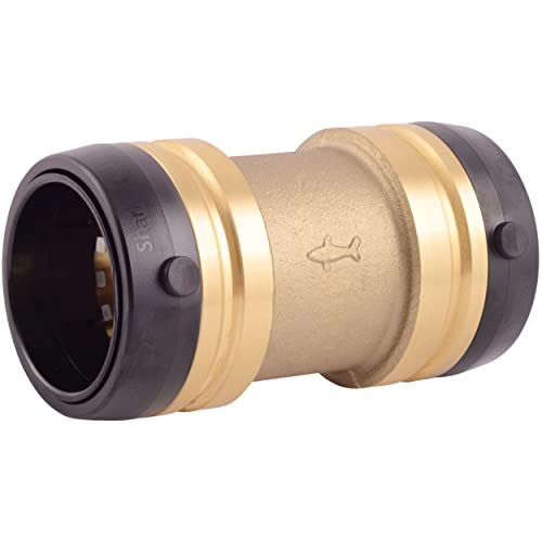Brass coupling fitting with black grip rings on each end and shark logo on center barrel.