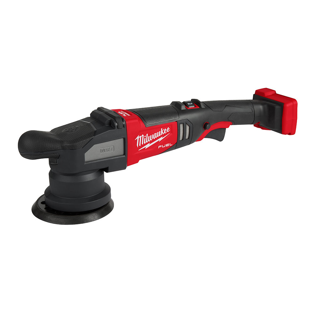 Milwaukee M18 FUEL random orbital polisher with red and black body, dual grip handles, and circular sanding pad.