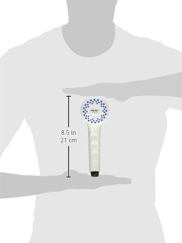 White handheld shower head with circular faceplate and cream-colored handle, shown at 8.5 inches tall in scale comparison.