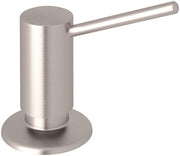 Satin nickel cylindrical soap dispenser with angled pump lever and round base.