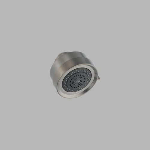 Stainless steel shower head with circular faceplate and multiple spray holes, angled view.