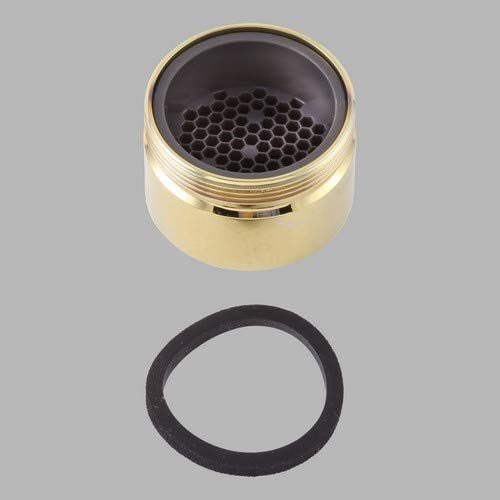 Polished brass cylindrical aerator with hexagonal perforations and black rubber seal ring.