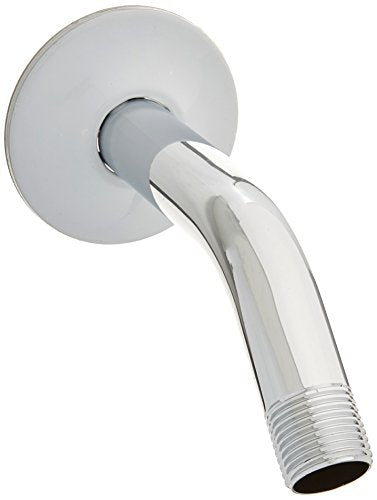 Chrome single handle shower valve trim with curved spout and circular wall plate.