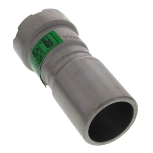 Viega MegaPress 1" FTG x 3/4" press reducer in zinc-nickel coated carbon steel with green sizing label.