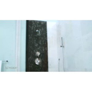 Brushed nickel shower diverter trim with two circular control knobs mounted on dark tile wall.