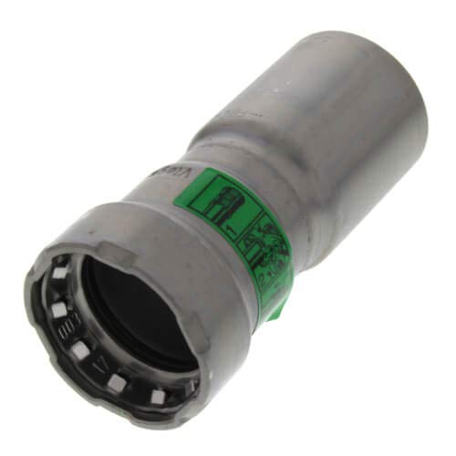 Silver metal press reducer fitting with green label band and black grip ring on end.