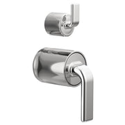 Polished chrome pressure balance valve trim with integrated diverter and twist lever handles for shower and bath control.
