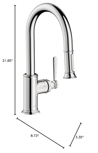 Chrome pull-down kitchen faucet with curved spout and single handle, 21.85 inches tall.