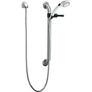 Stainless steel hand shower with grab bar, elbow connector, flexible hose, and black control valve.