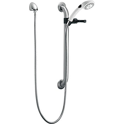 Stainless steel hand shower with grab bar, elbow connector, flexible hose, and black control valve.