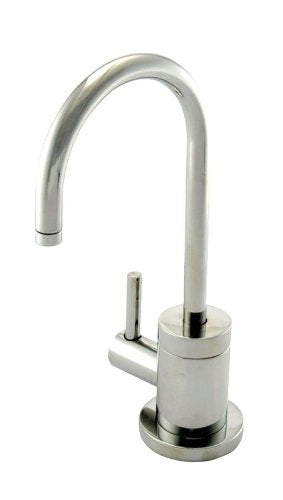 Satin nickel hot water dispenser faucet with curved gooseneck spout and single lever handle on cylindrical base.