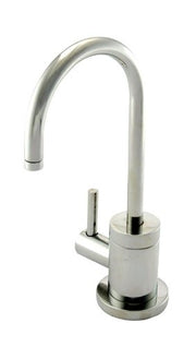 Stainless steel hot water dispenser with curved gooseneck spout and lever handle on round base.