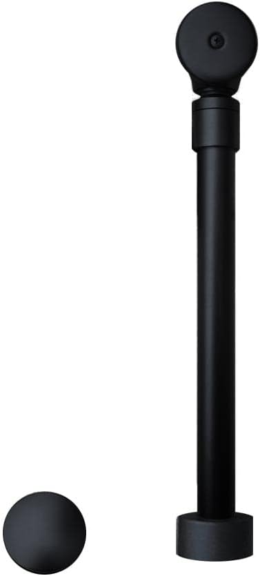 Matte black push-to-seal bath drain assembly with spherical stopper and vertical pipe component.