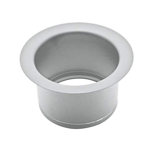 Satin nickel disposal flange with wide rim and recessed opening for sink installation.