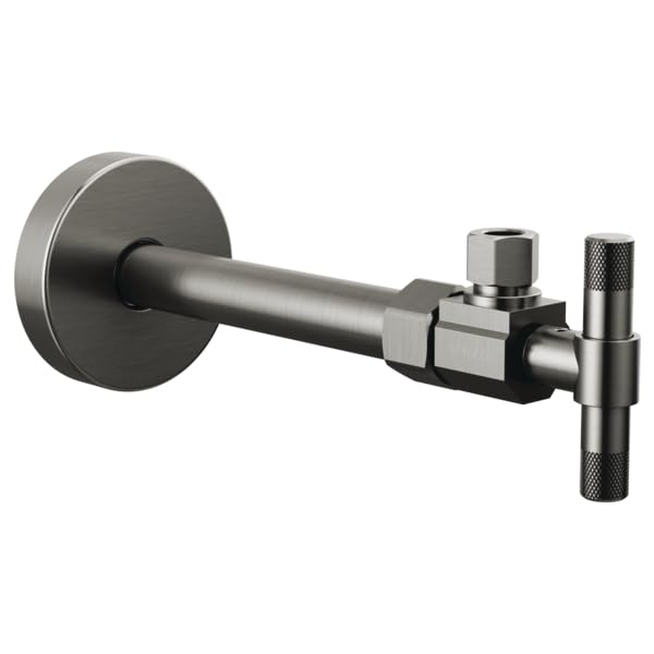 Chrome angled supply stop valve with round wall plate and lever handle for water shut-off control.
