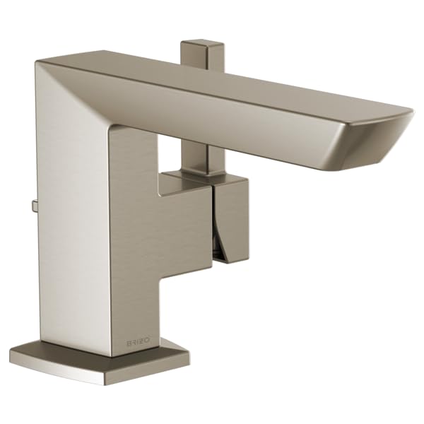 Brushed nickel single-handle lavatory faucet with angular geometric design and rectangular spout.
