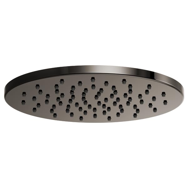 Round black metal raincan shower head with multiple water jets distributed across the surface.