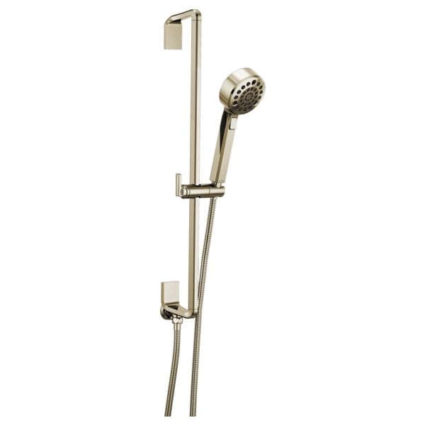 Polished nickel slide bar handshower with adjustable bracket and flexible hose connection for shower installation.