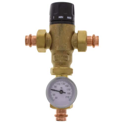 Brass 3-way mixing valve with black temperature adjustment knob and round temperature gauge with copper press fittings.